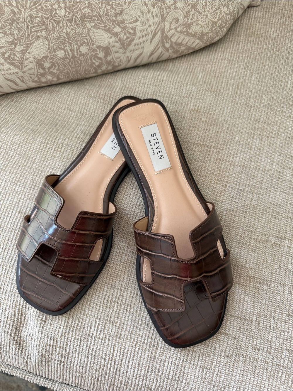 Steven New York  Brown Croc-Embossed Slide Mules